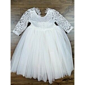 2Bunnies Girl's Long Sleeve Lace Top Tulle Maxi Dress, White, 12months NWT